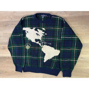 Vintage Nautica America World Map Hand Knit Sweater Navy Men's XL Compass Grid
